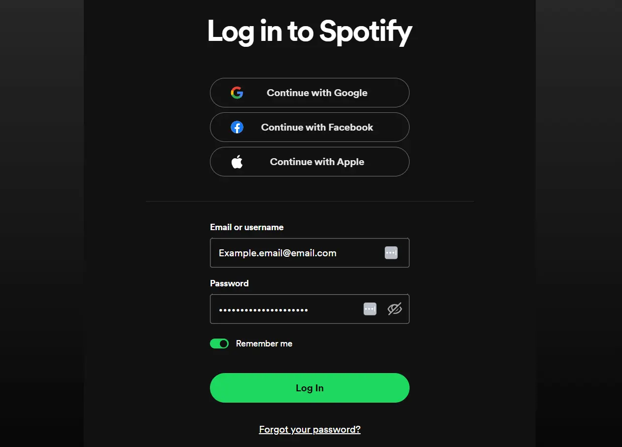 Log in to Spotify using your email and password.
