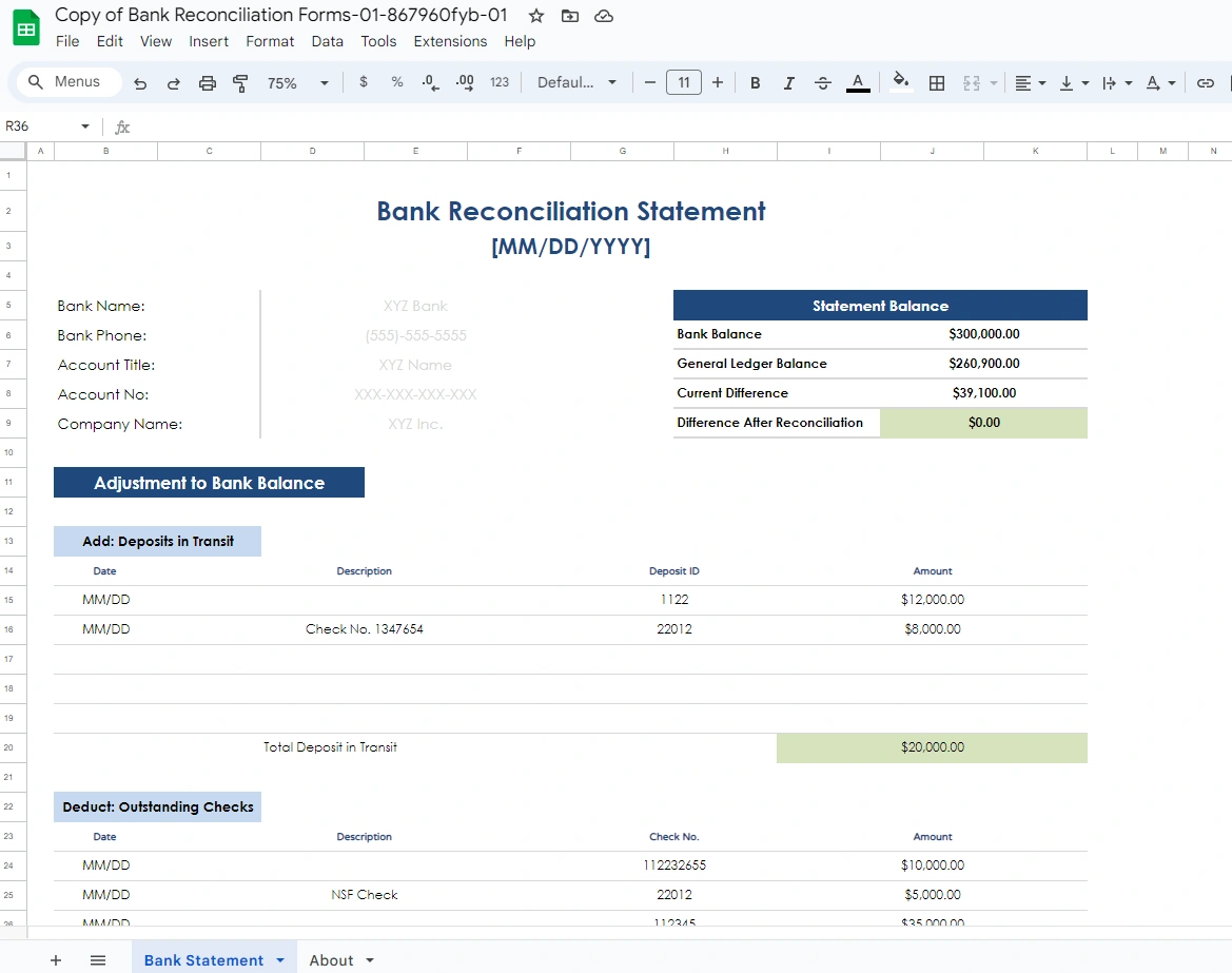 Bank Reconciliation Statement Template by WordLayouts