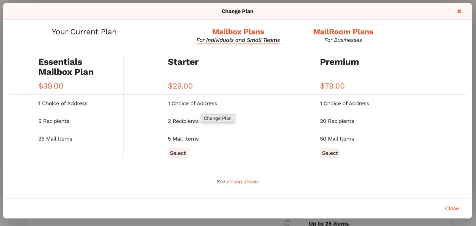 Earth Class Mail Change Plan modal showing three plan tiers: Starter at $29 per month with 5 mail items, Essentials at $39 per month with 25 mail items, and Premium at $79 per month with 50 mail items