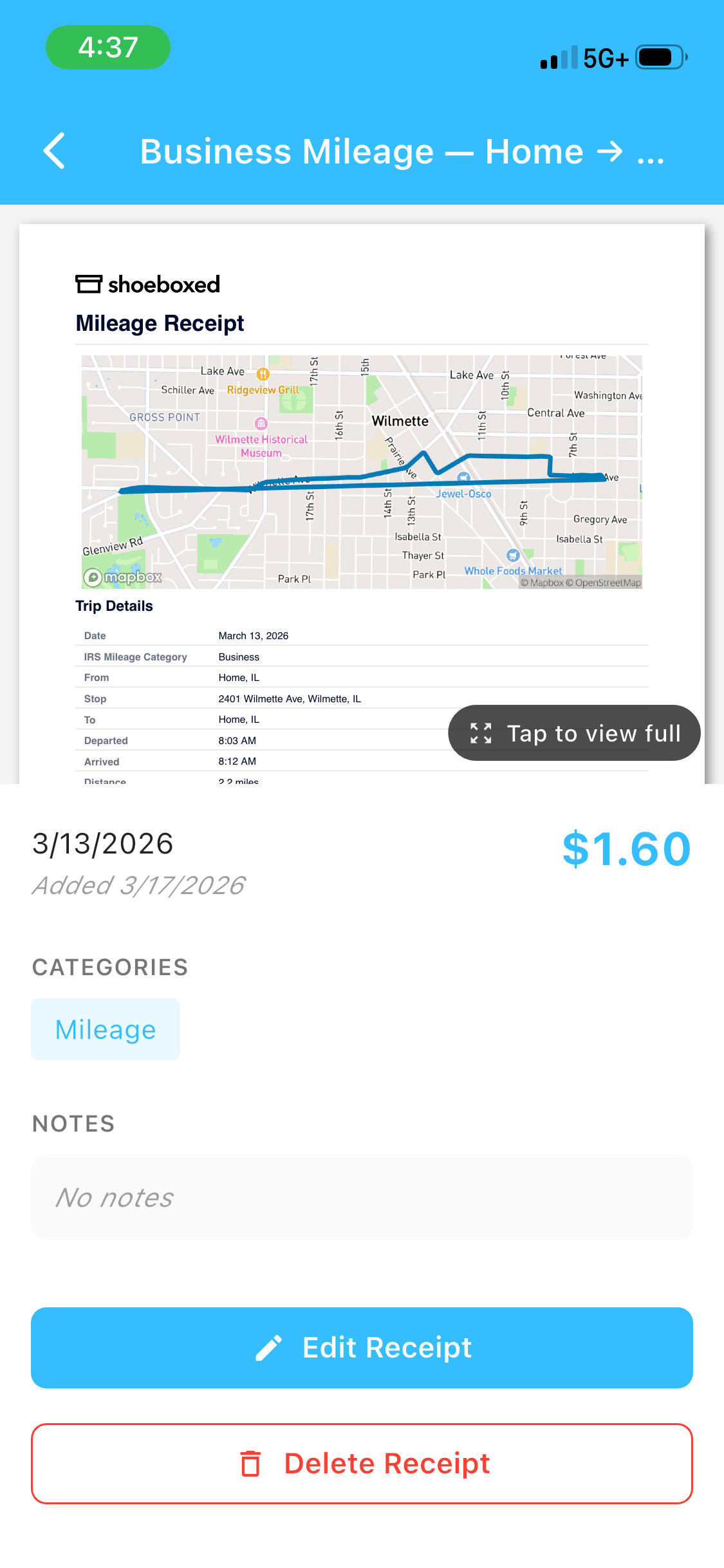 A Shoeboxed mileage receipt for a business trip showing the route map, trip details, IRS mileage category, and the calculated deduction amount.