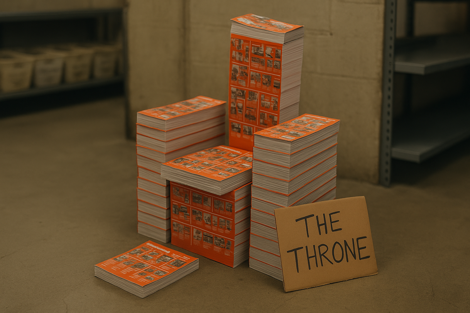 A throne built of stacked mail-order catalogs in a warehouse mailroom, illustrating the volume of junk mail a business address accumulates.