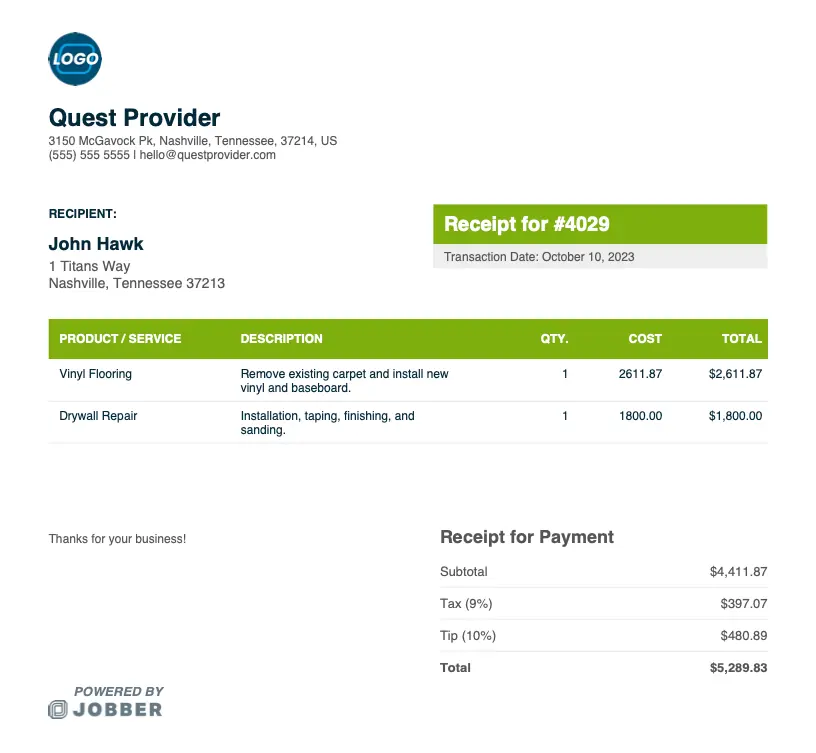 Construction receipt template by Jobber