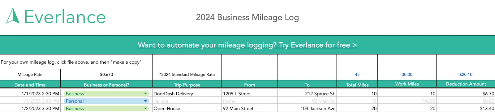  IRS-Compliant Mileage Log Template by Everlance