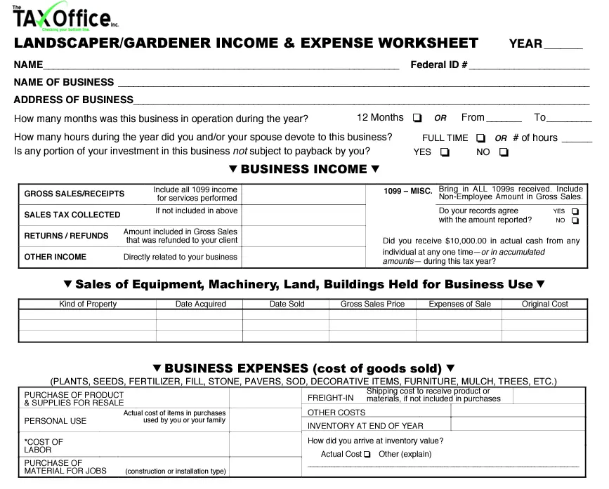 Tax Office Inc. Landscaper or Gardener Income Expense Worksheet