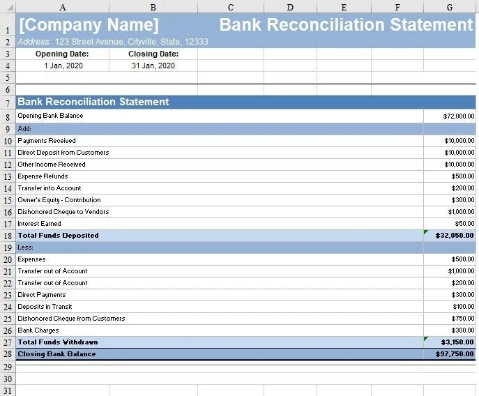 Bank Reconciliation Statement Template by FreshBooks