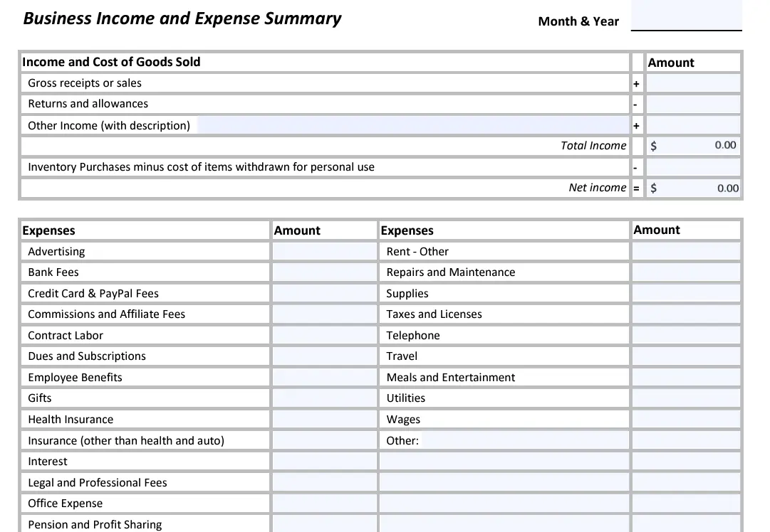 Business income and expense worksheet