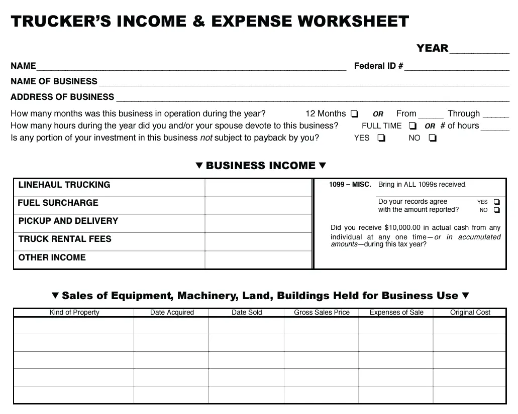 Trucker's income and expense worksheet