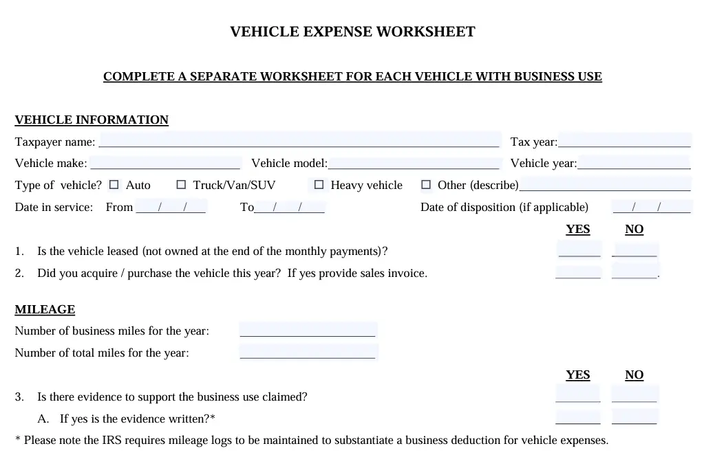 Pace and Hawley's Vehicle Expense Worksheet
