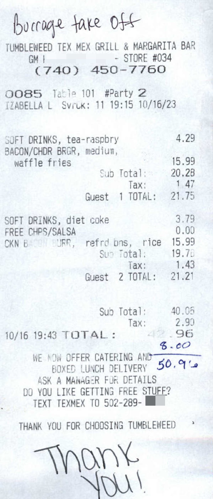 Real anonymized Tex-Mex restaurant receipt for $50.96 with a handwritten tip on the total line, typical of card-paid business meal receipts small-business owners produce every day