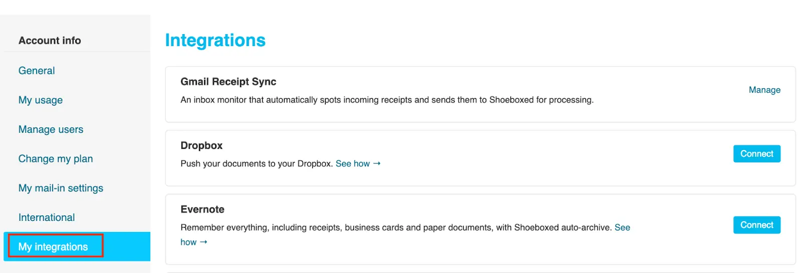 how do i integrate my shoeboxed and dropbox accounts