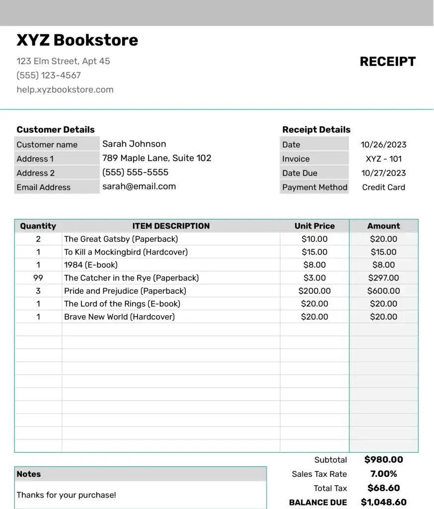 Sales receipt template by Coefficient