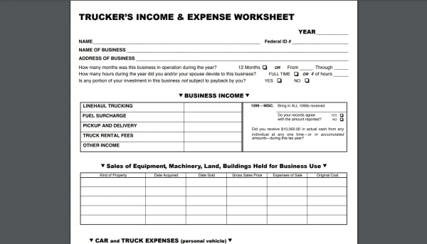 Trucker’s Income and Expense Worksheet PDF