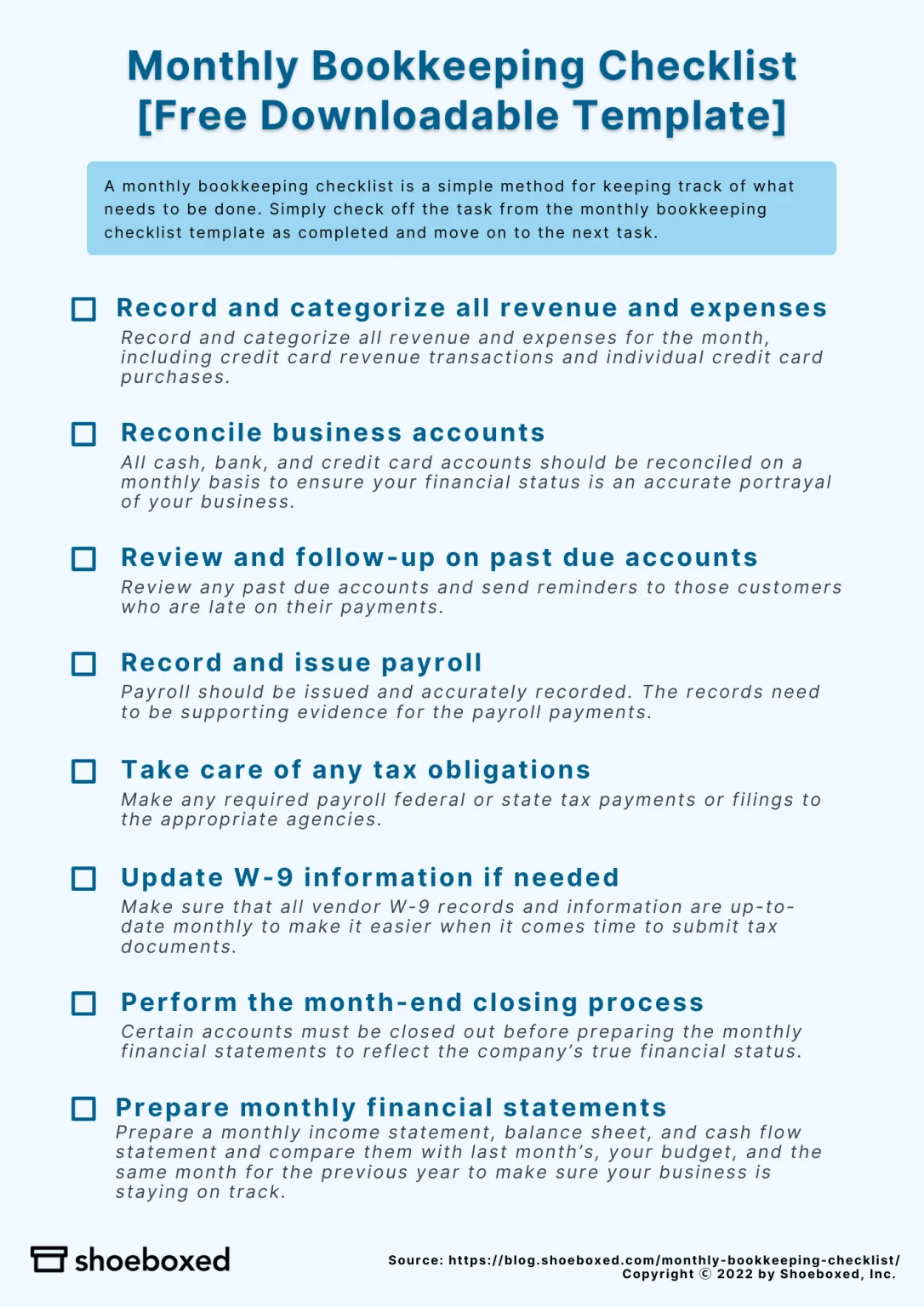 Monthly Bookkeeping Checklist Free Downloadable Template