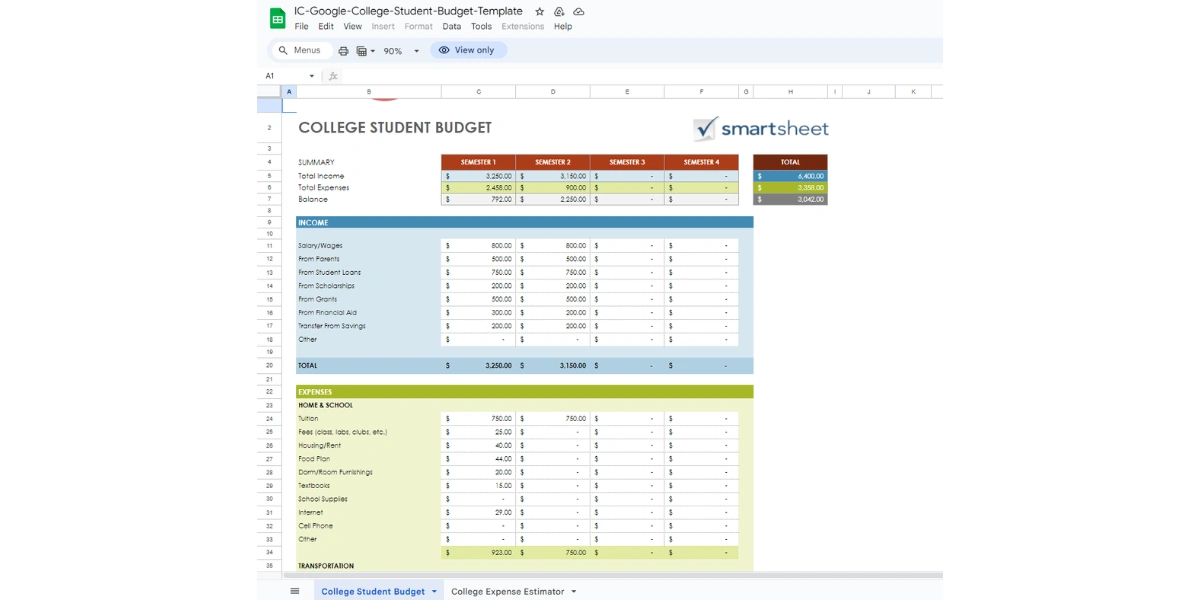 Student Budget Spreadsheet by Smartsheet