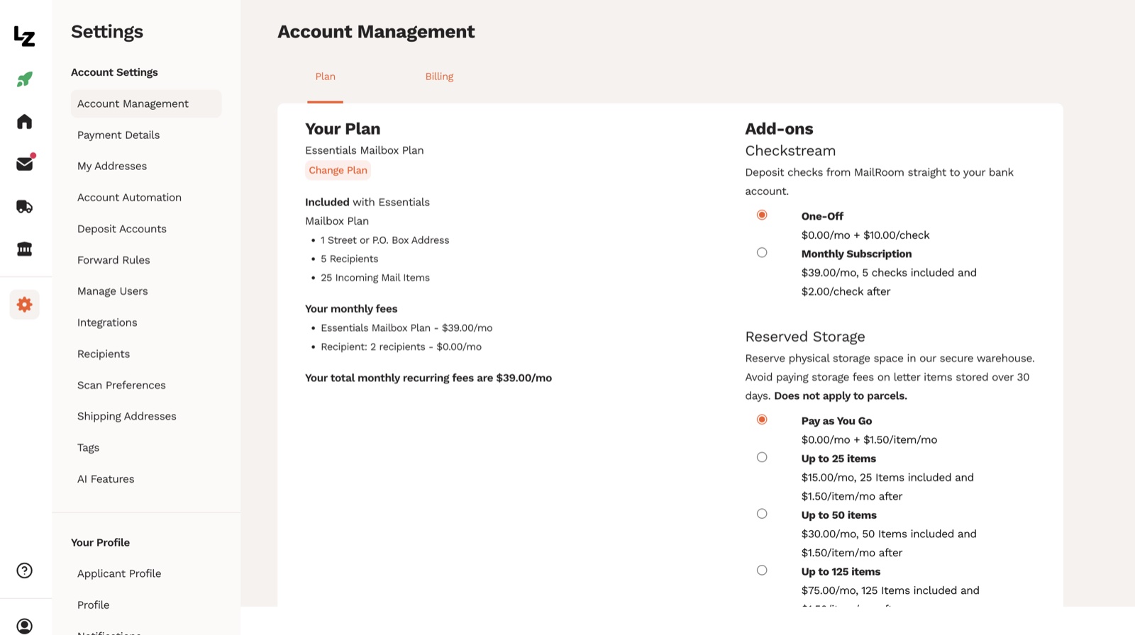 Earth Class Mail account management page showing Doug's Essentials plan at $39 per month, plus add-on pricing for Checkstream check deposits at $39 per month or pay-as-you-go, and Reserved Storage at $1.50 per item or tiered subscriptions