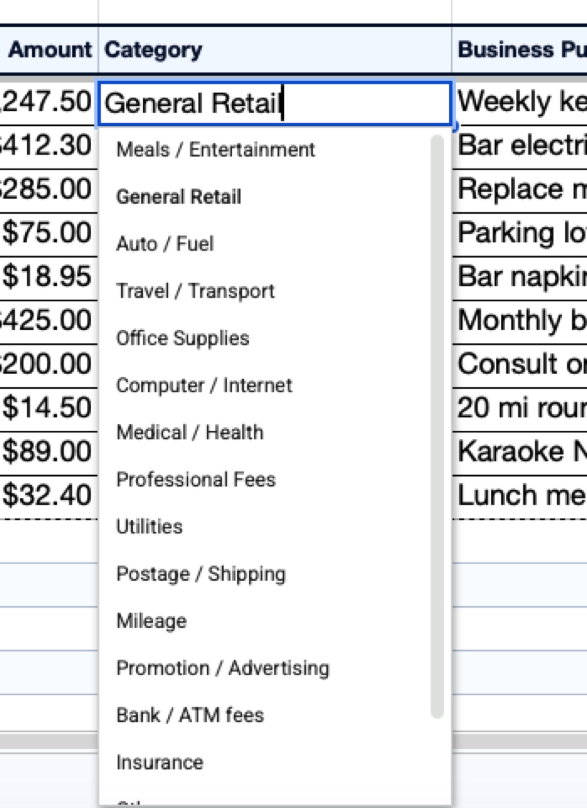 Close-up of the Category column dropdown in the Shoeboxed Google Sheets template open and showing all 15 expense categories drawn from analysis of 2.4 million real small-business receipts