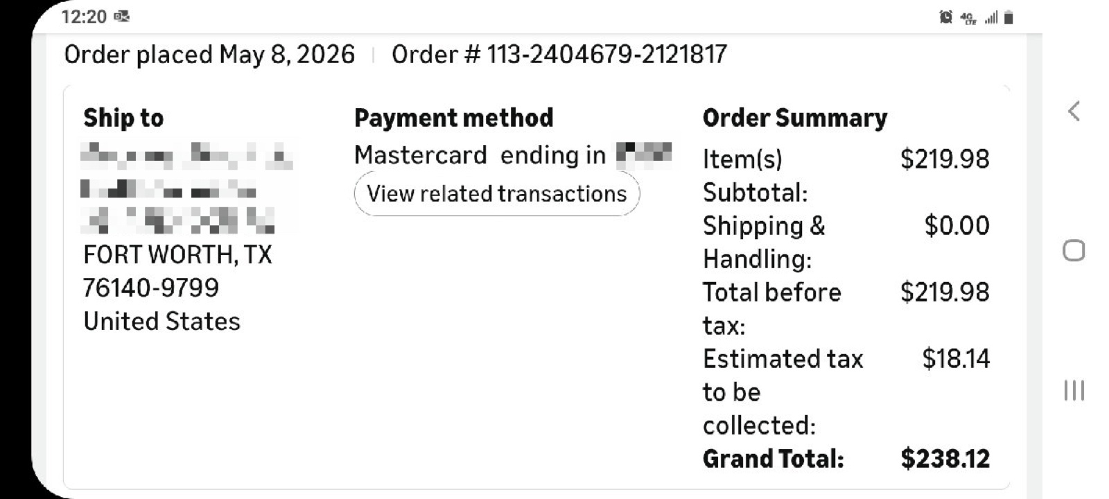 Real Amazon order receipt screenshot showing order date, payment method, and $238.12 grand total, scanned and anonymized for this article