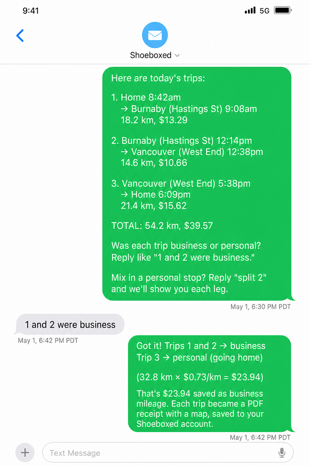 Sample SMS daily summary showing three numbered trips, the user reply identifying which were business, and the Shoeboxed confirmation with mileage math
