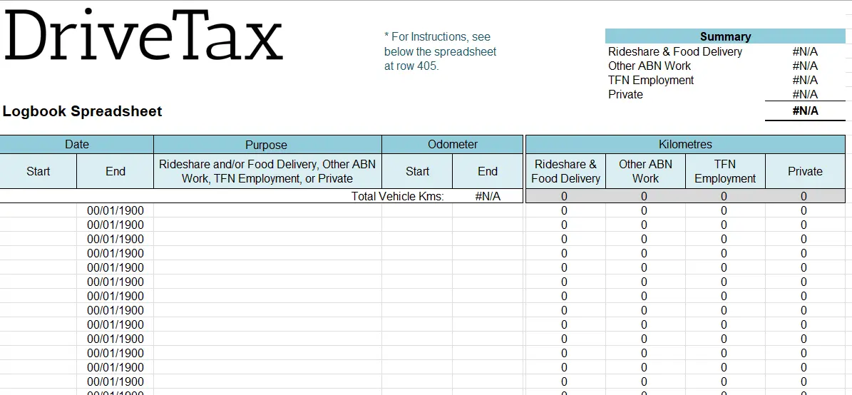 DriveTax Australia's Uber spreadsheet for Excel