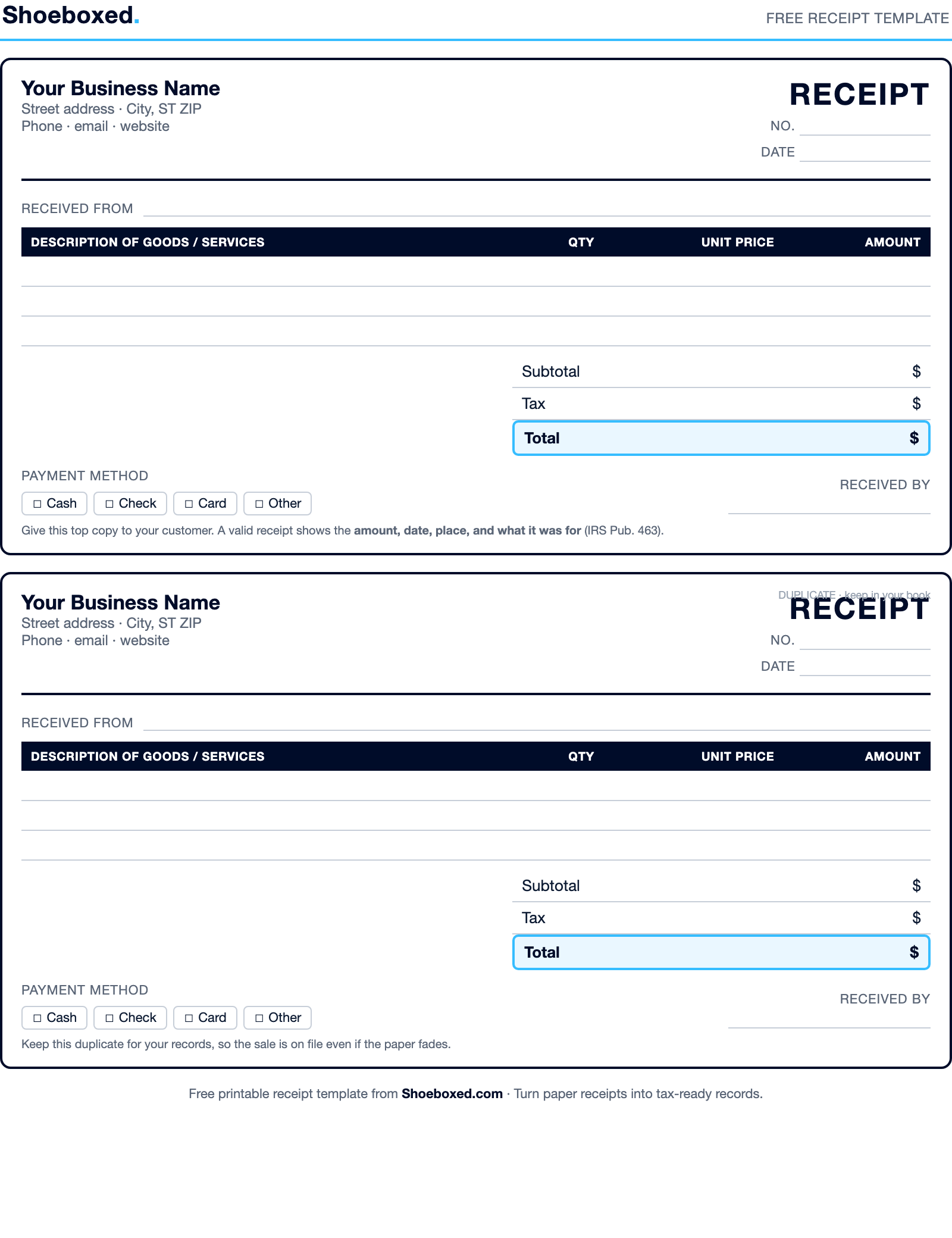 A blank printable receipt template with fields for date, business name, items, subtotal, tax, total, payment method, and a duplicate copy