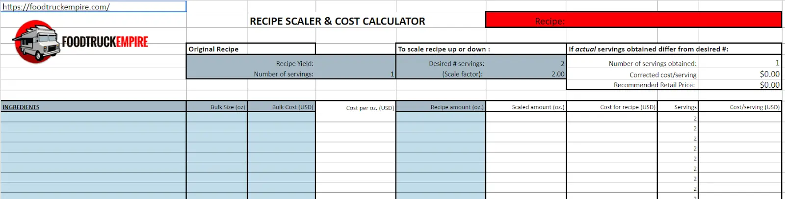 Food Truck Empire's recipe costing template