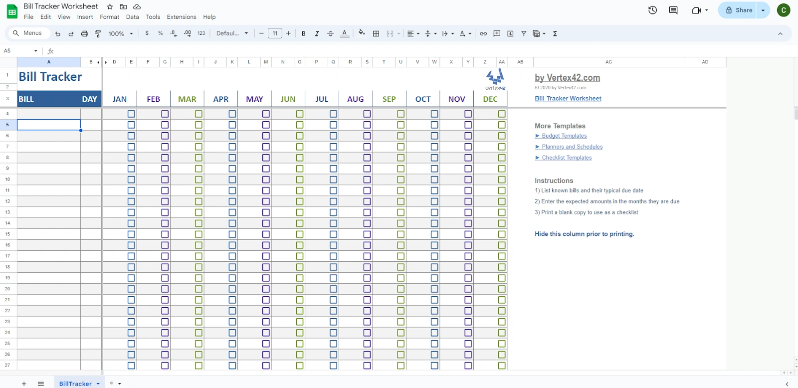 Vertex42 Google Sheets Bill Tracker for Payments