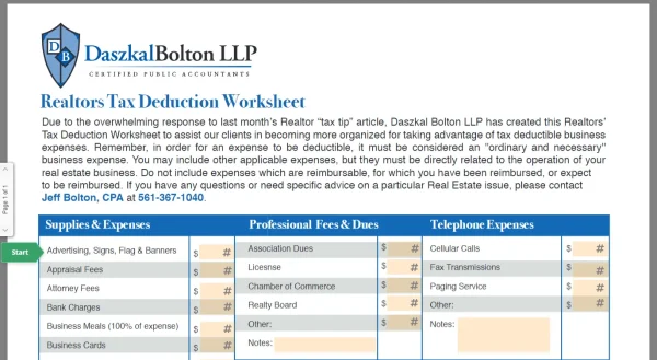 Daszkal Bolton LLP real estate agent tax deductions worksheet Excel 2023