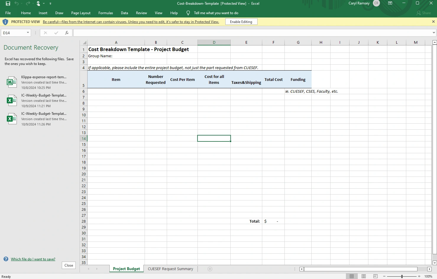 Breakdown of Costs Template by Carleton University