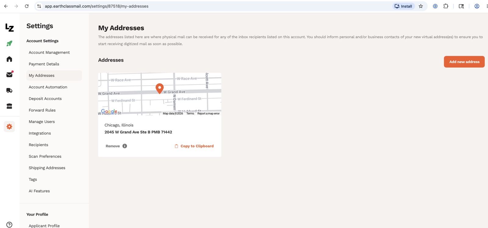 Earth Class Mail My Addresses settings page showing Doug's Chicago Illinois virtual mailbox address at 2045 W Grand Ave Ste B PMB 71442, with a Google map preview of the location
