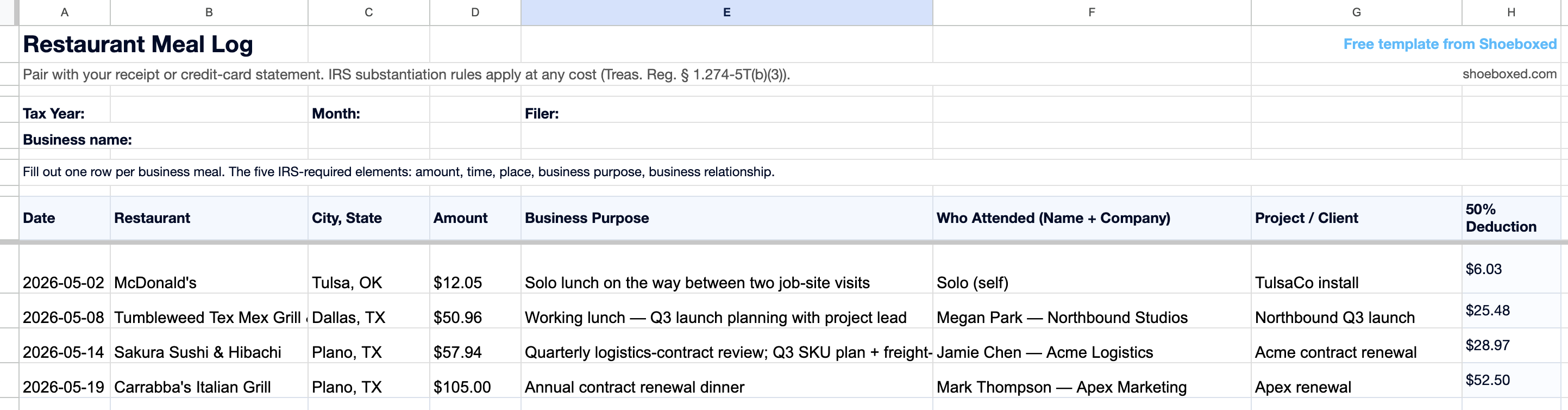Screenshot of the Shoeboxed Restaurant Meal Log template in Google Sheets, showing four sample rows from a McDonald's lunch through a Carrabba's client dinner, with auto-calculated 50% deductions