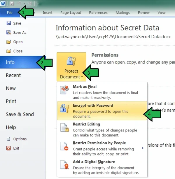 How to encrypt a document with Microsoft word, Wayne State University