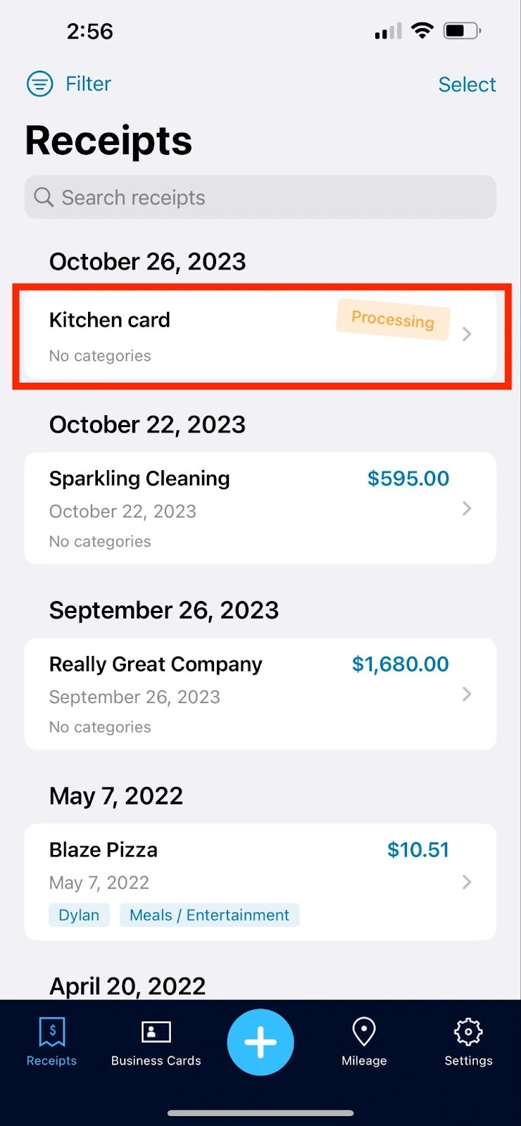 Pending documents will be listed at the top of your receipts feed as 