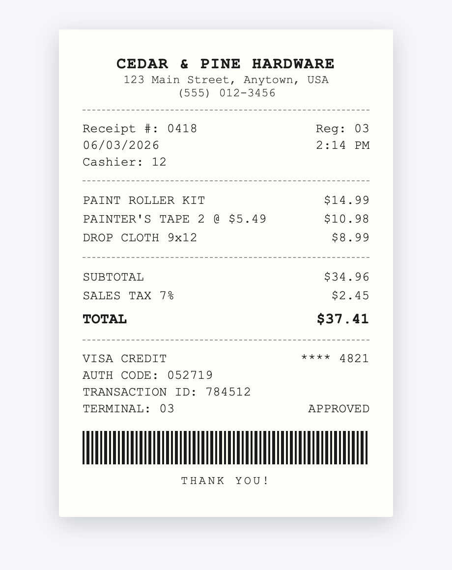 An example transaction receipt from a card purchase showing the store name, items, subtotal, tax, total, and payment details
