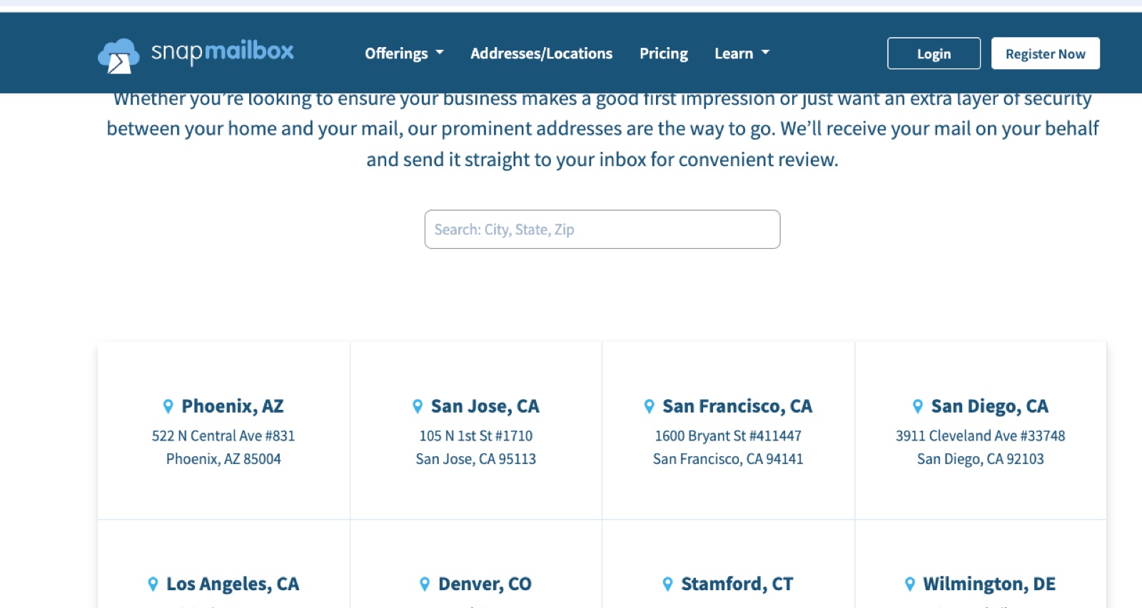 Snap Mailbox publicly listing 522 N Central Ave #831 Phoenix as one of their virtual address locations