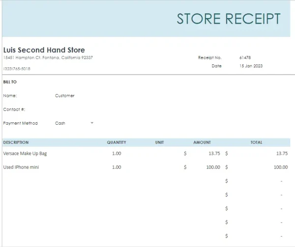 Template.net Store Receipt in Google Sheets