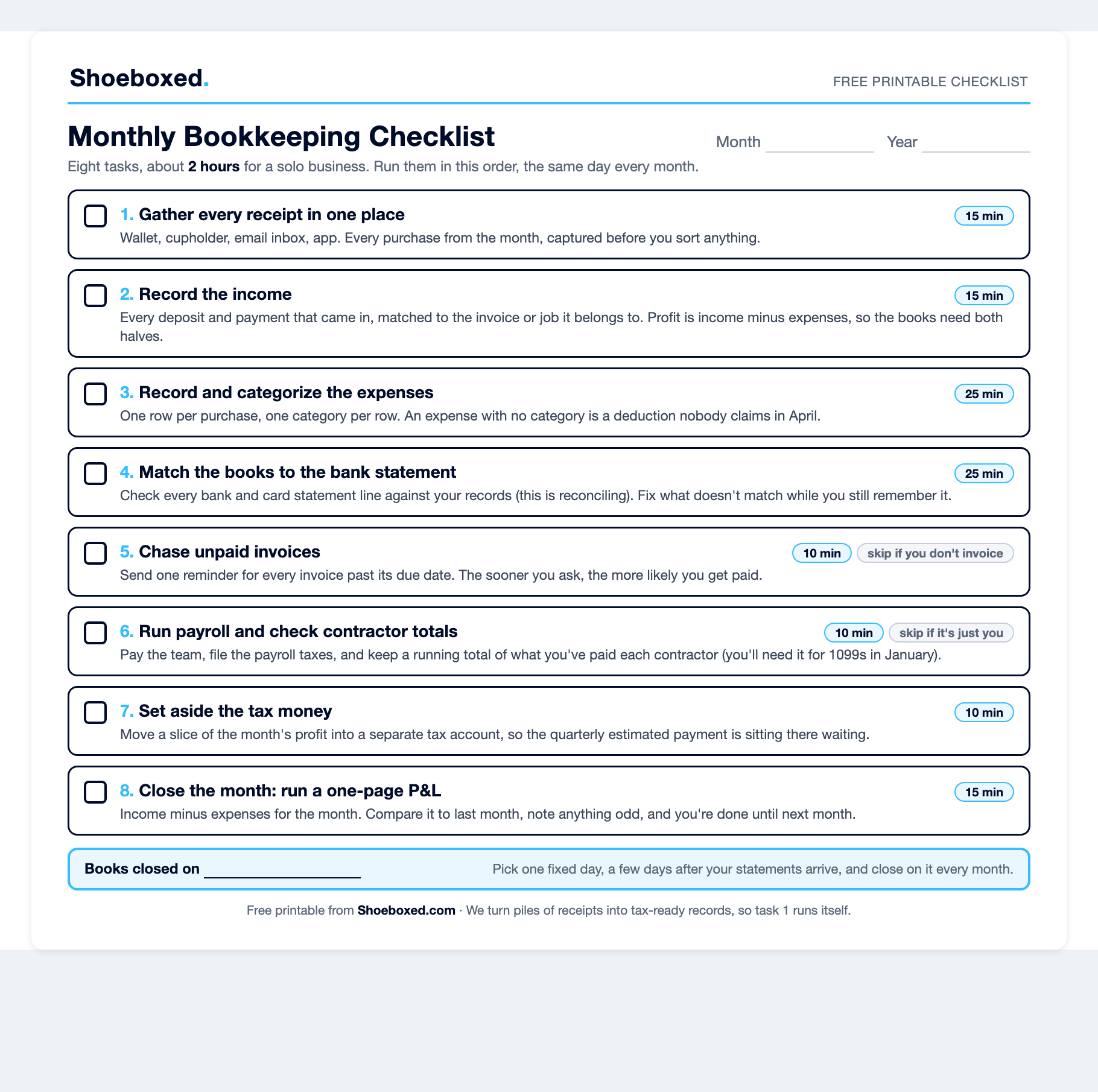 Preview of the free Shoeboxed monthly bookkeeping checklist PDF: 8 tasks with checkboxes, time estimates, and skip-if-solo tags on one printable page.