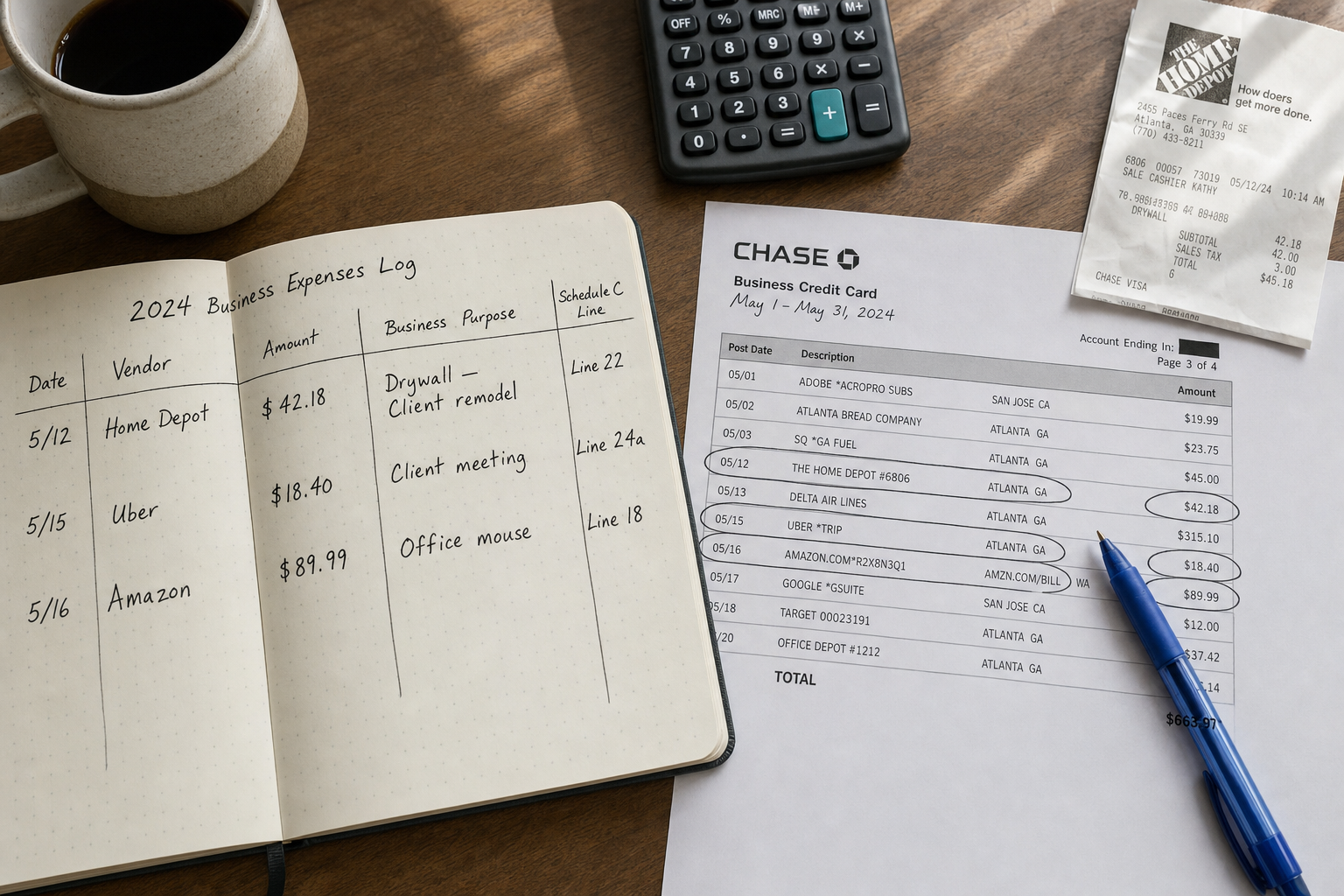 Overhead photo of a handwritten Business Expenses Log next to a credit-card statement, with three lines circled in pen showing matching Home Depot, Uber, and Amazon purchases. Illustrates the documentary-evidence pair the IRS accepts