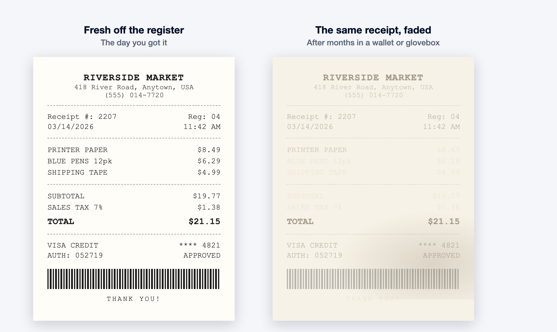Side-by-side of the same receipt: crisp and readable when fresh, then faded to a near-blank ghost after months in a wallet or glovebox.