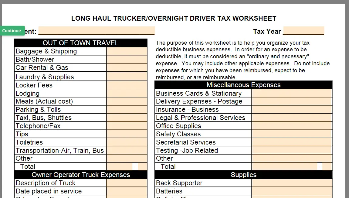 Long haul trucker/overnight driver tax worksheet