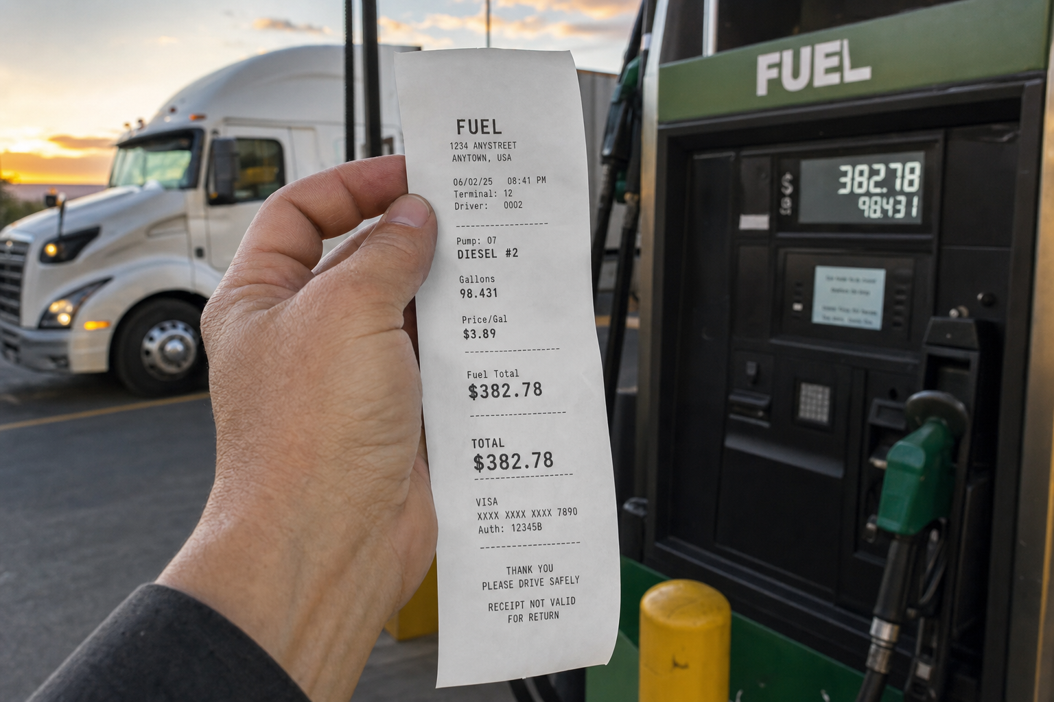 First-person view of a trucker's hand holding a long thermal-paper fuel receipt up against a truck-stop fuel pump at dusk, with a Class 8 commercial tractor parked in the soft background. The receipt shows the diesel total $382.78 and the pump shows the matching amount.