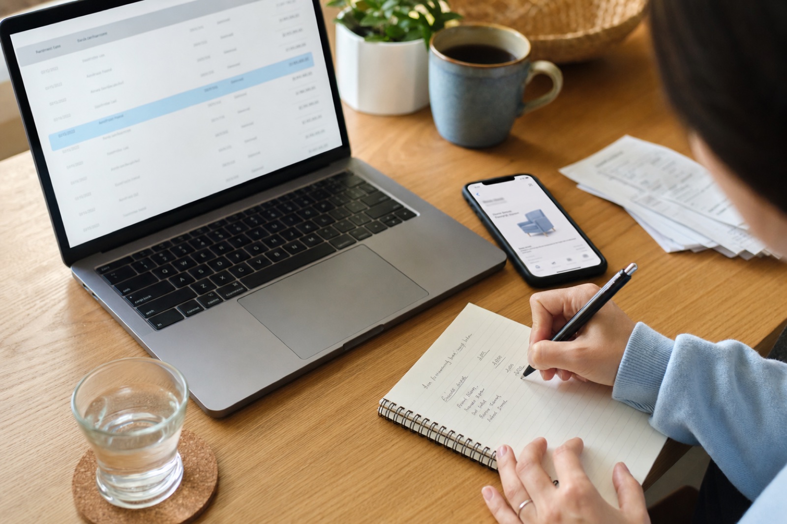 Person rebuilding an expense record from a bank statement on a laptop, an order confirmation on a phone, and a handwritten note.