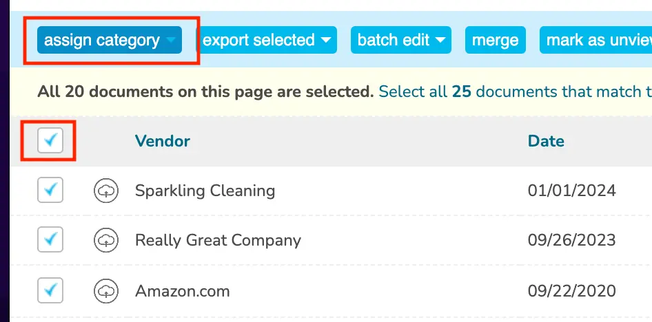 Step 2. Select the checkboxes next to the receipts that you want to add to a single category and click the Assign Category dropdown menu.