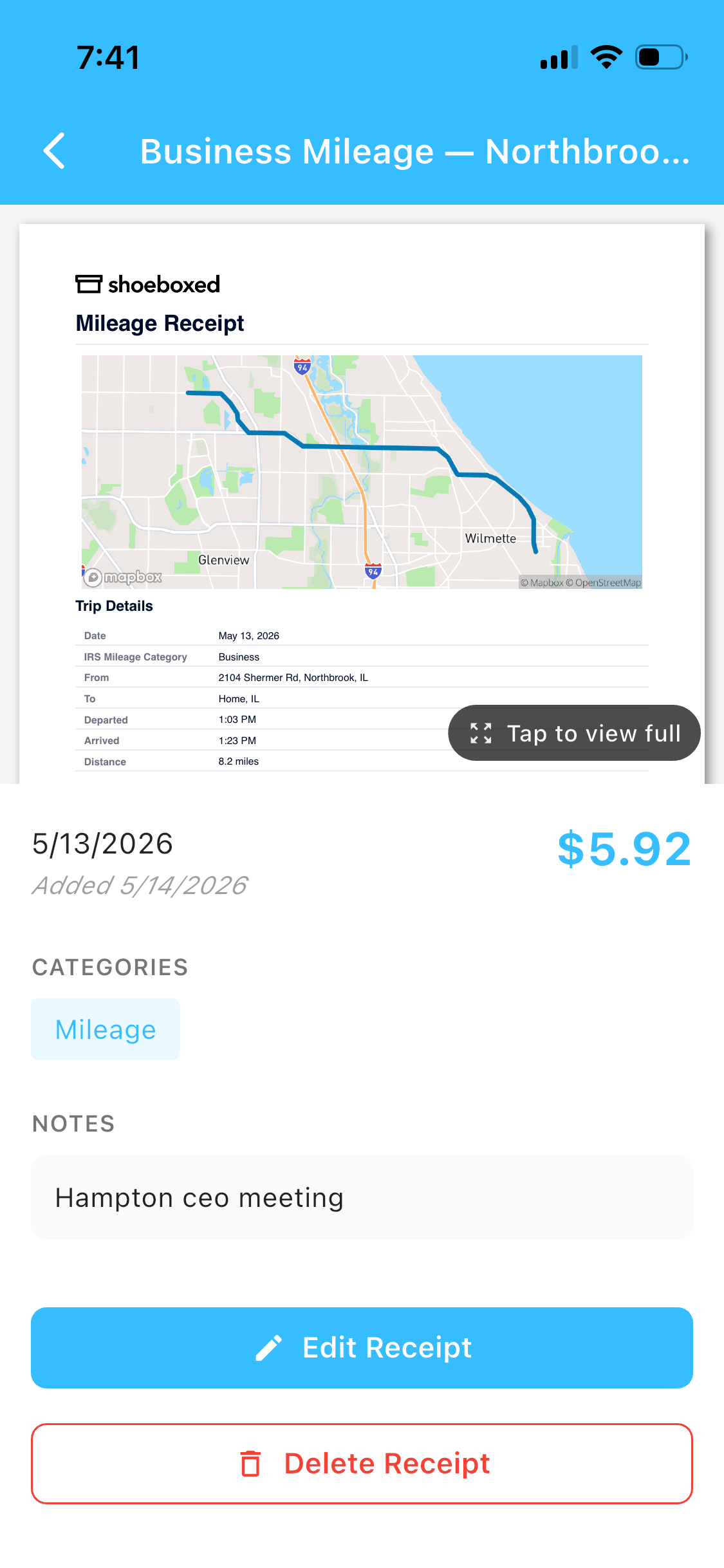Real Shoeboxed mileage receipt showing GPS route map, IRS rate calculation, and trip note