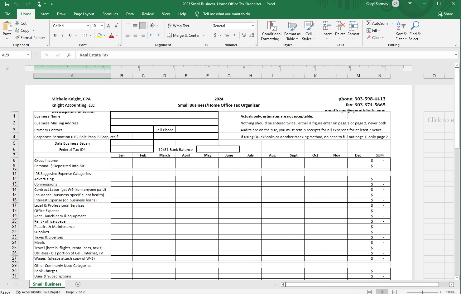 Small Business and Home Office Tax Organizer by Knight Accounting