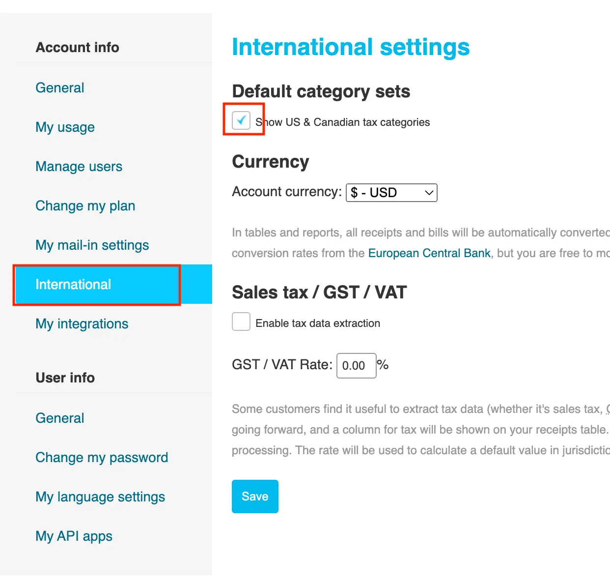 Step 2. Select International on the left-hand column and deselect the checkbox next to the appropriate set of default categories.