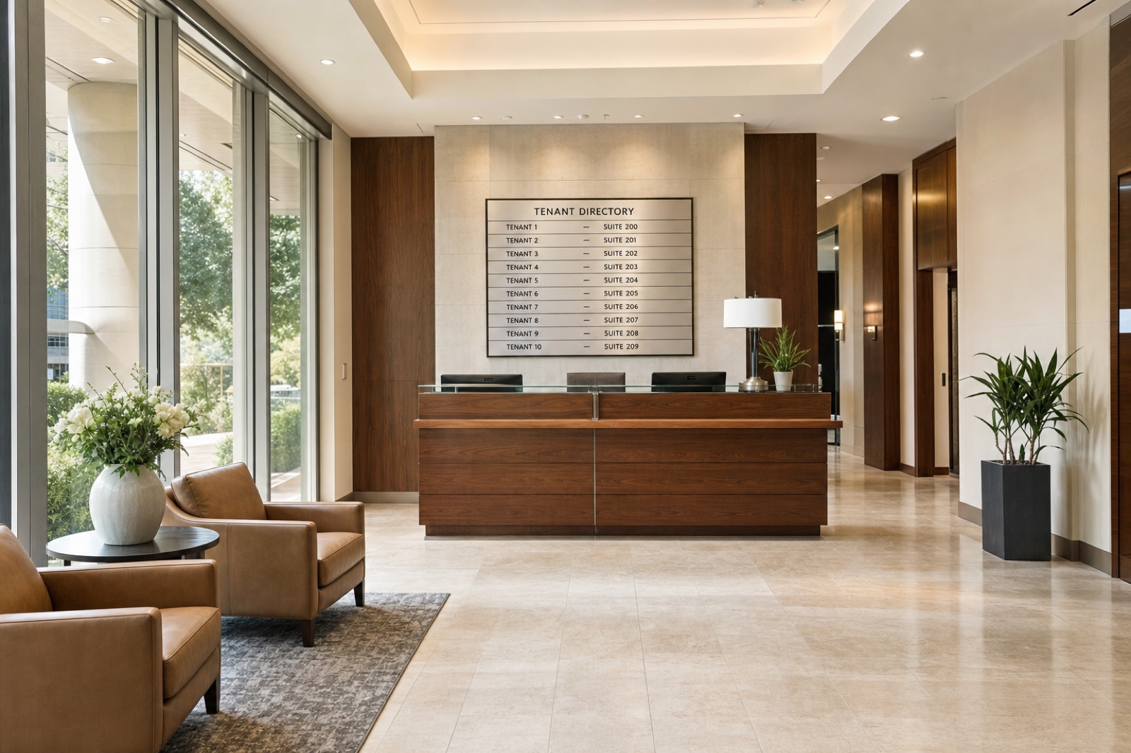 A business-center lobby with glass doors, a reception desk, and a tenant directory wall.