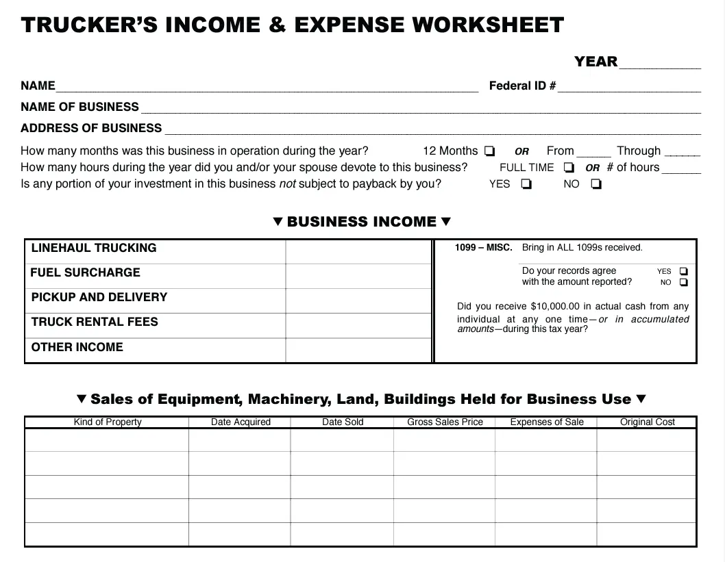 Trucker's income and expense worksheet
