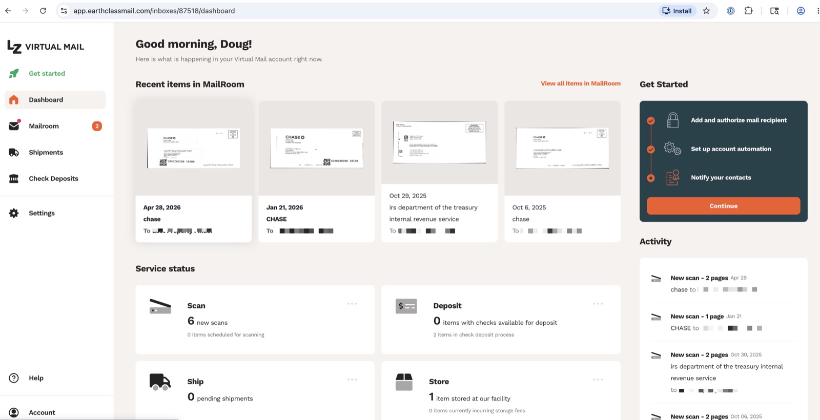 Earth Class Mail dashboard for Doug showing the new LZ Virtual Mail branding, four recent mail items including Chase and IRS pieces, service status tiles for Scan Deposit Ship Store, and a Get Started sidebar
