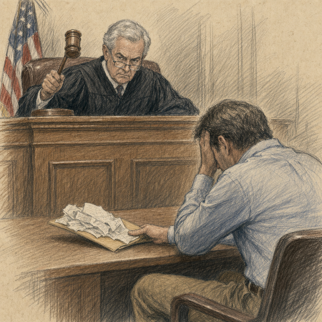 Pencil and colored-pencil courtroom sketch of a Tax Court judge mid-gavel-strike behind an elevated bench with an American flag, while a bummed-out small-business-owner defendant slumps at the defense table with a folder of crumpled receipts