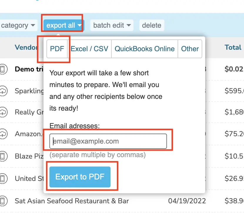Step 3. To create a report, simply select the checkboxes next to the receipts you want to export, then select Export and choose PDF.